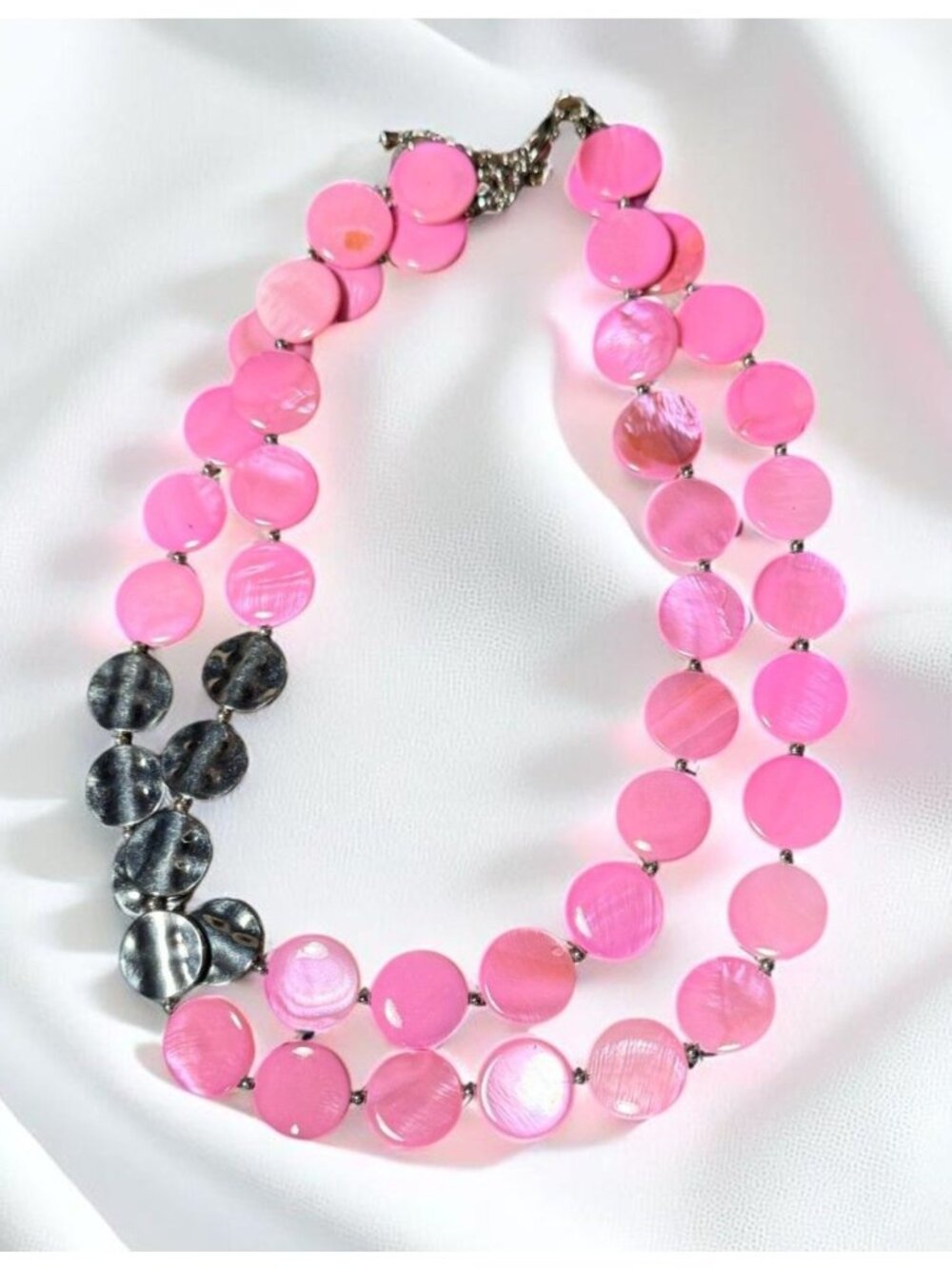Pink & Black Shell Disc Beaded Statement Necklace With Adjustable Lobster Clasp - Picture 2 of 10
